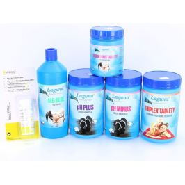 III. Set na chlorové ošetření vody (Triplex tablety, pH-, pH+, Algicid, Vločkovací tablety, tester, plovák)
